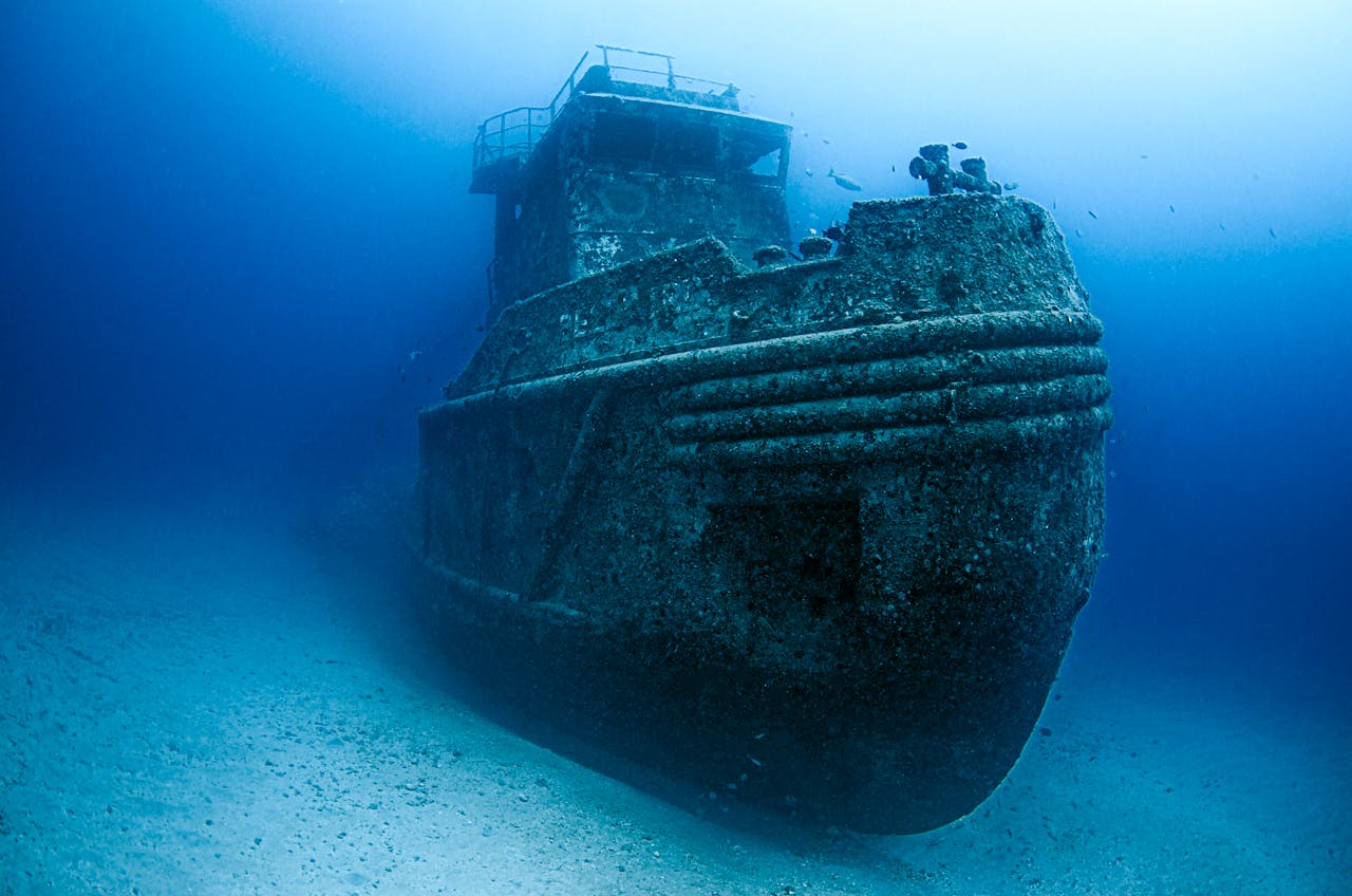 services-img Explore the hauntingly beautiful underwater world of a sunken ship surrounded by marine life.